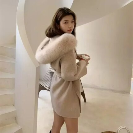 2024 Luxury Loose  Autumn Winter Fox Fur Collar Hooded Wool Cashmere Coat Women's Mid-length Woolen Jacket Outerwear Streetwear