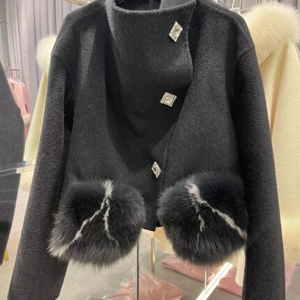 2024 New Fashion Winter Cashmere Wool Woolen Coat Real Fur Jacket Women Natural Fox Fur Pocket Ladies Outerwear Female Coat