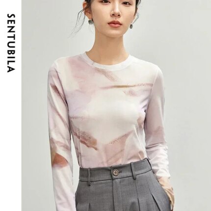 SENTUBILA Art Print Straight T-shirt for Women's 2024 Autumn Round Neck Long Sleeve Mesh Fabric Woman Clothing 143T56379